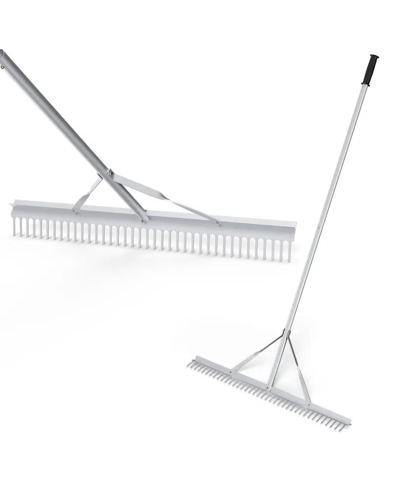 Aluminum Rake with 36 Inch Wide Rake Head and 68 Inch Long Handle - Silver - Lawn Care Tools