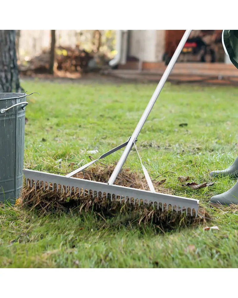 Aluminum Rake with 36 Inch Wide Rake Head and 68 Inch Long Handle - Silver - Lawn Care Tools