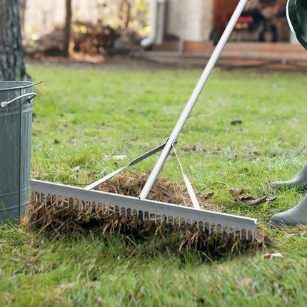 Aluminum Rake with 36 Inch Wide Rake Head and 68 Inch Long Handle - Silver - Lawn Care Tools