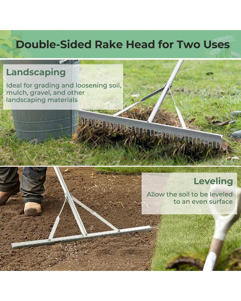 Aluminum Rake with 36 Inch Wide Rake Head and 68 Inch Long Handle - Silver - Lawn Care Tools