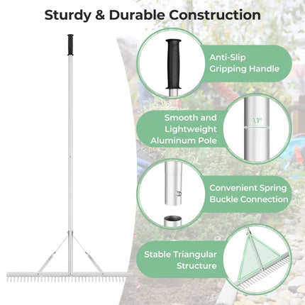 Aluminum Rake with 36 Inch Wide Rake Head and 68 Inch Long Handle - Silver - Lawn Care Tools