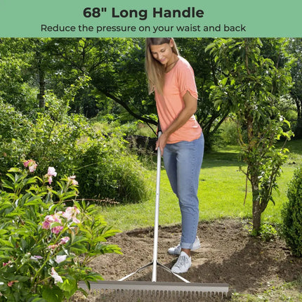 Aluminum Rake with 36 Inch Wide Rake Head and 68 Inch Long Handle - Silver - Lawn Care Tools