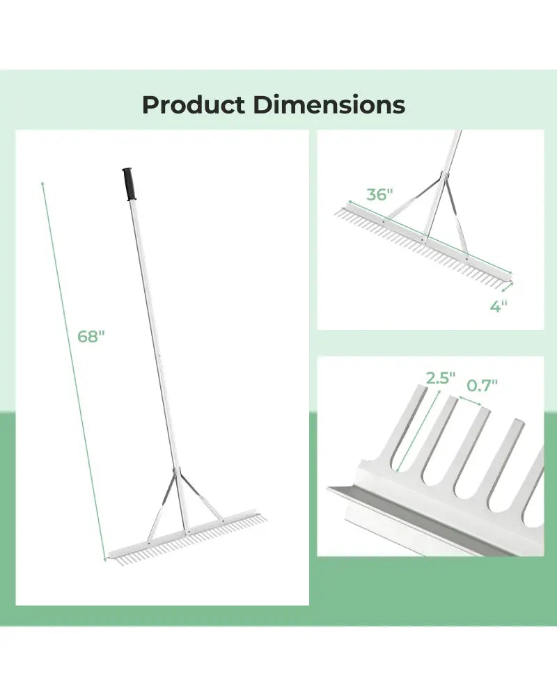 Aluminum Rake with 36 Inch Wide Rake Head and 68 Inch Long Handle - Silver - Lawn Care Tools