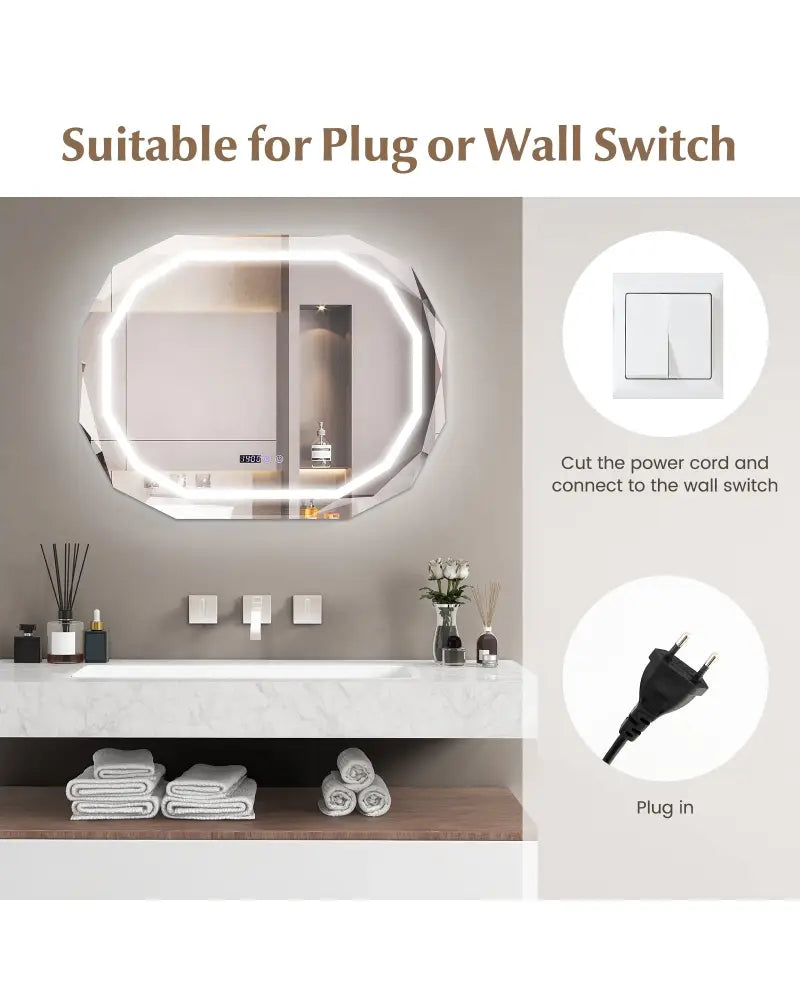 Anti-Fog Bathroom Mirror with 3 Color LED Light Memory Function - White - Wall Mirrors