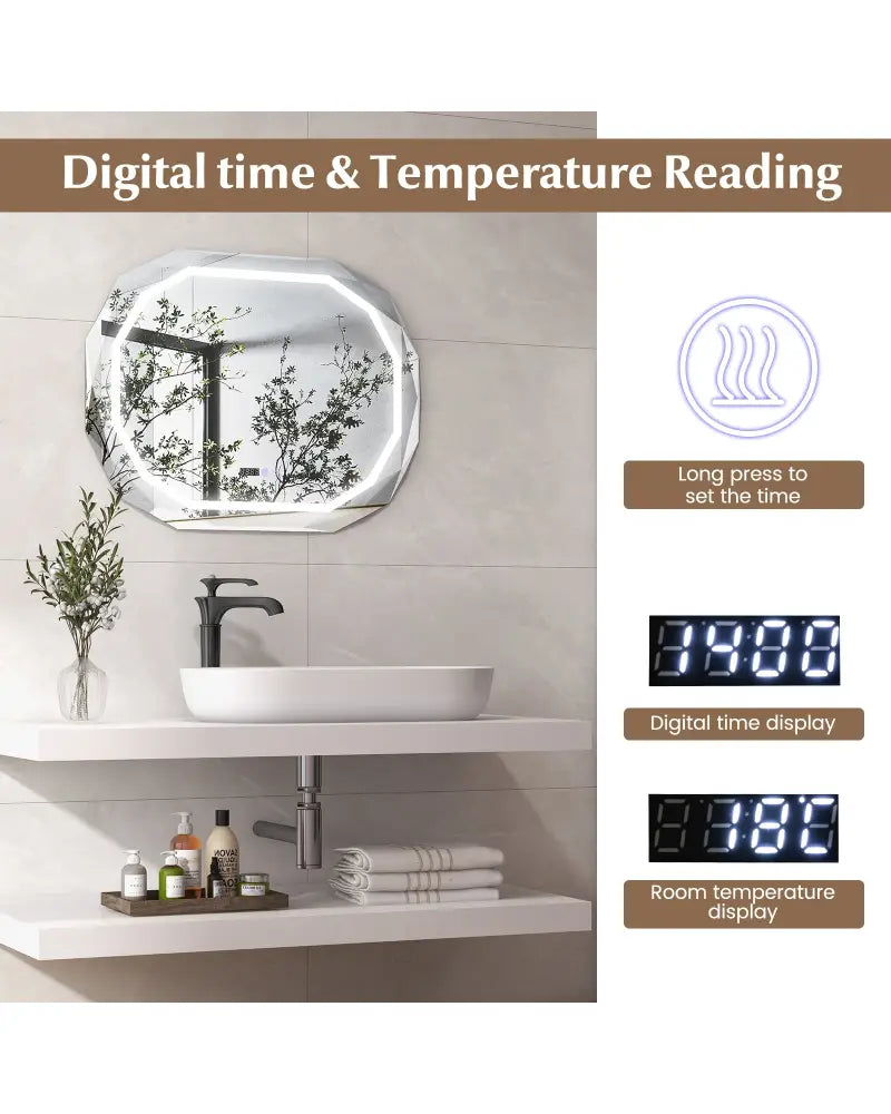 Anti-Fog Bathroom Mirror with 3 Color LED Light Memory Function - White - Wall Mirrors