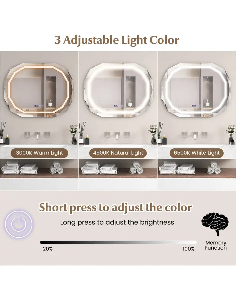 Anti-Fog Bathroom Mirror with 3 Color LED Light Memory Function - White - Wall Mirrors