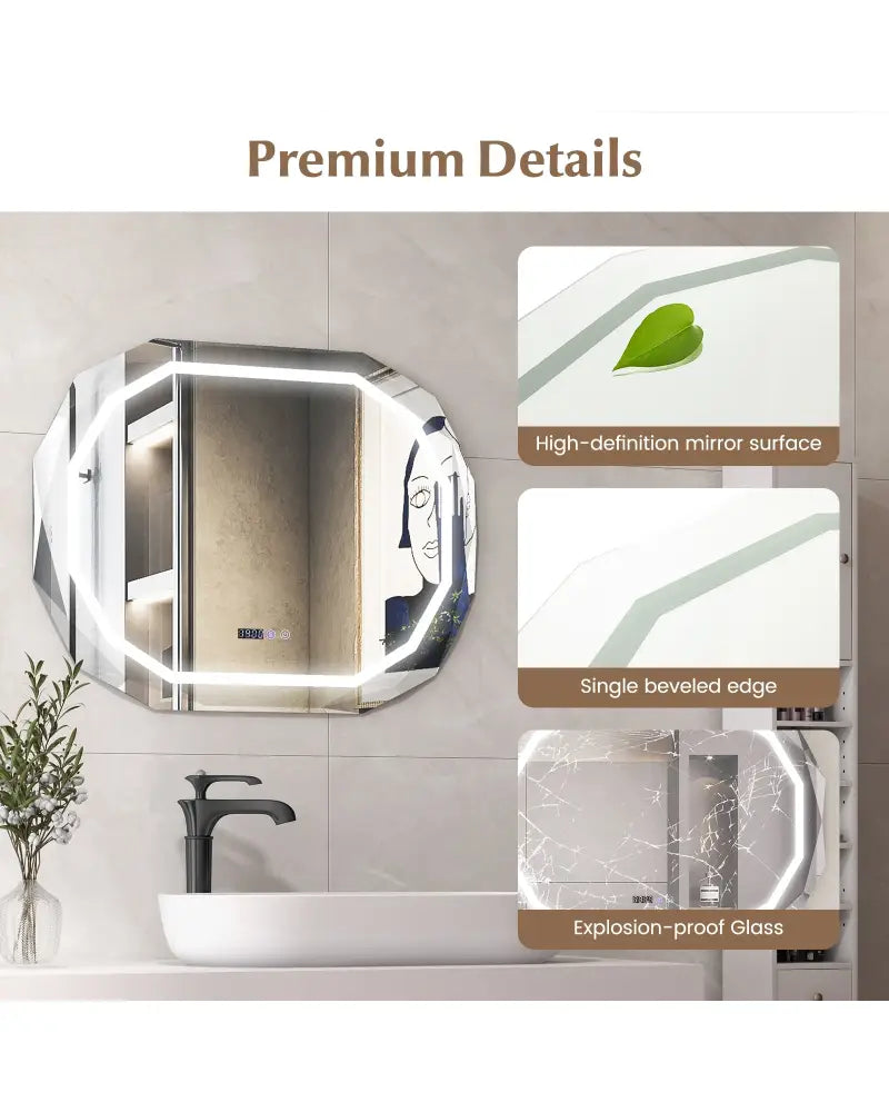 Anti-Fog Bathroom Mirror with 3 Color LED Light Memory Function - White - Wall Mirrors