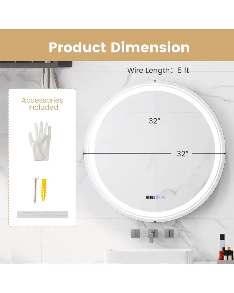 Anti-Fog Round Led Bathroom Mirror with 3 Color LED Lights-L - White - Wall Mirrors