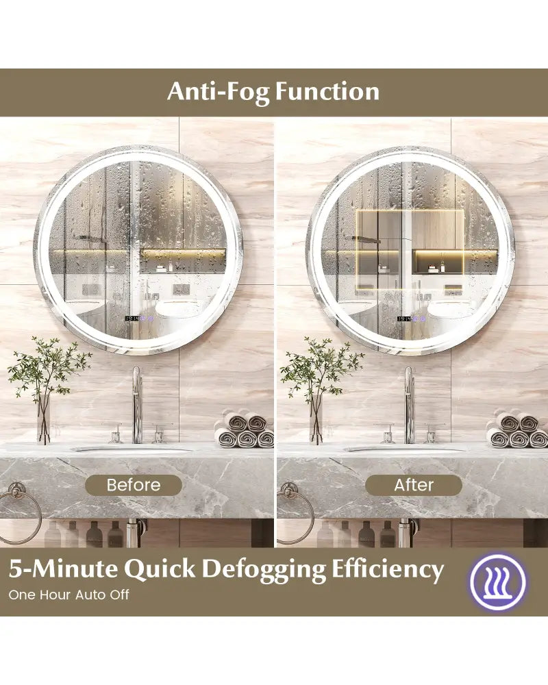 Anti-Fog Round Led Bathroom Mirror with 3 Color LED Lights-L - White - Wall Mirrors