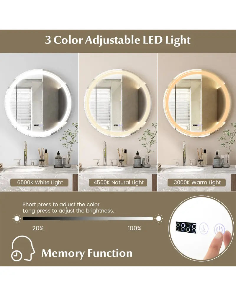 Anti-Fog Round Led Bathroom Mirror with 3 Color LED Lights-L - White - Wall Mirrors