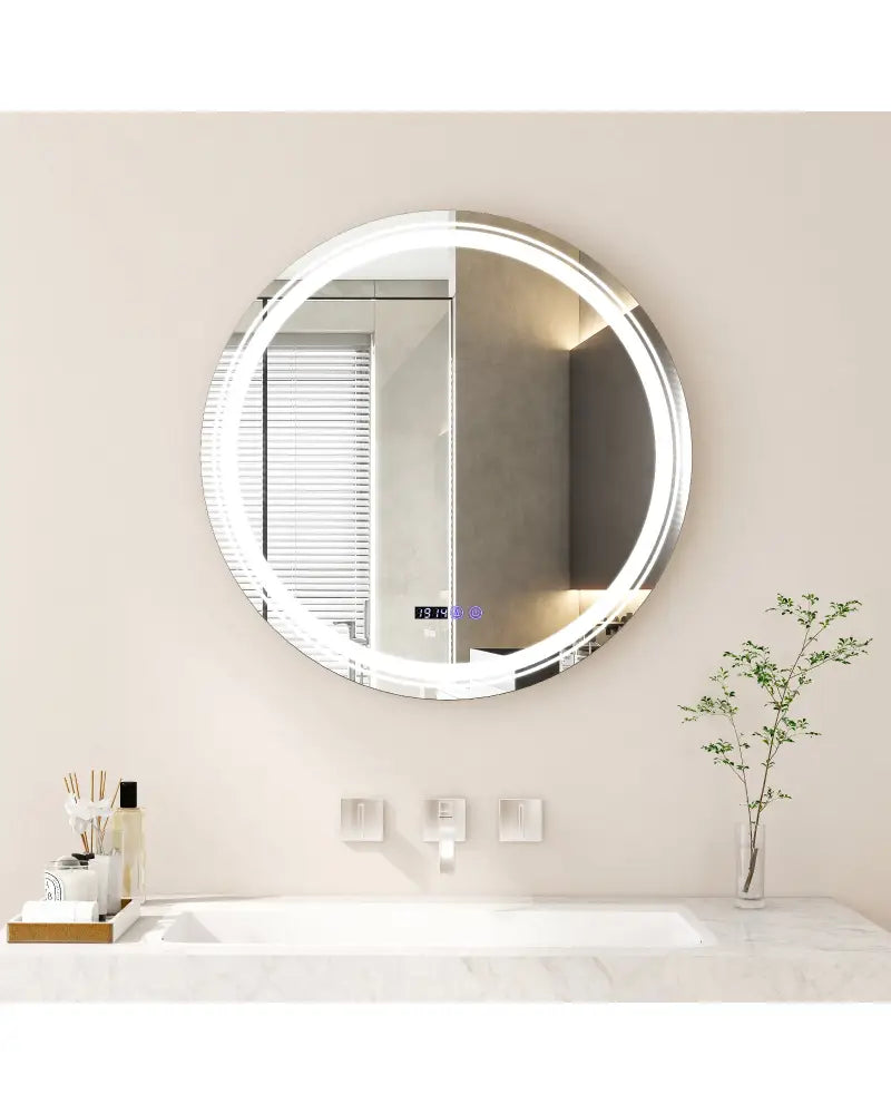 Anti-Fog Round Led Bathroom Mirror with 3 Color LED Lights-L - White - Wall Mirrors
