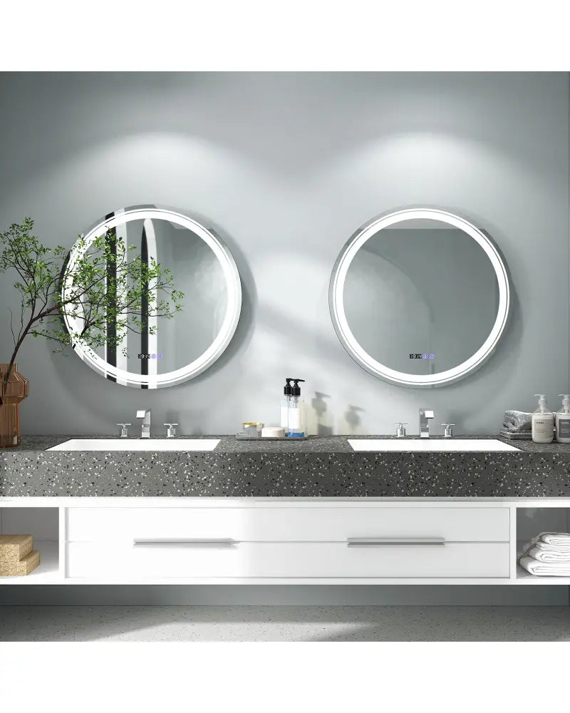 Anti-Fog Round Led Bathroom Mirror with 3 Color LED Lights-L - White - Wall Mirrors