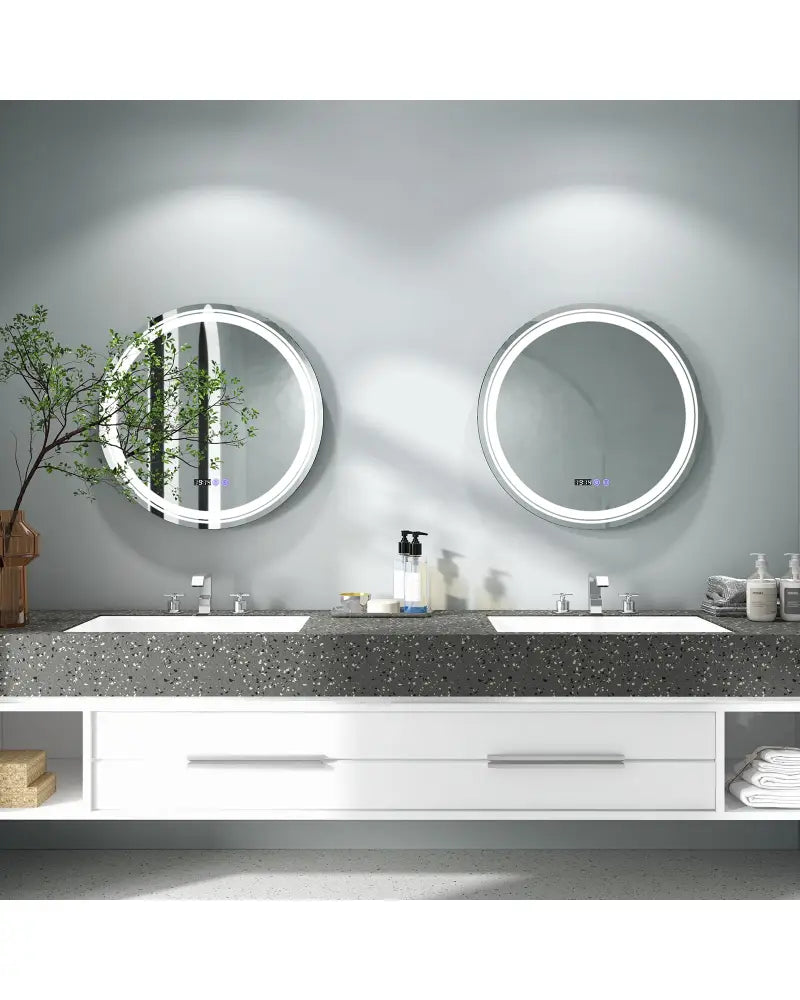 Anti-Fog Round Led Bathroom Mirror with 3 Color LED Lights-M - White - Wall Mirrors