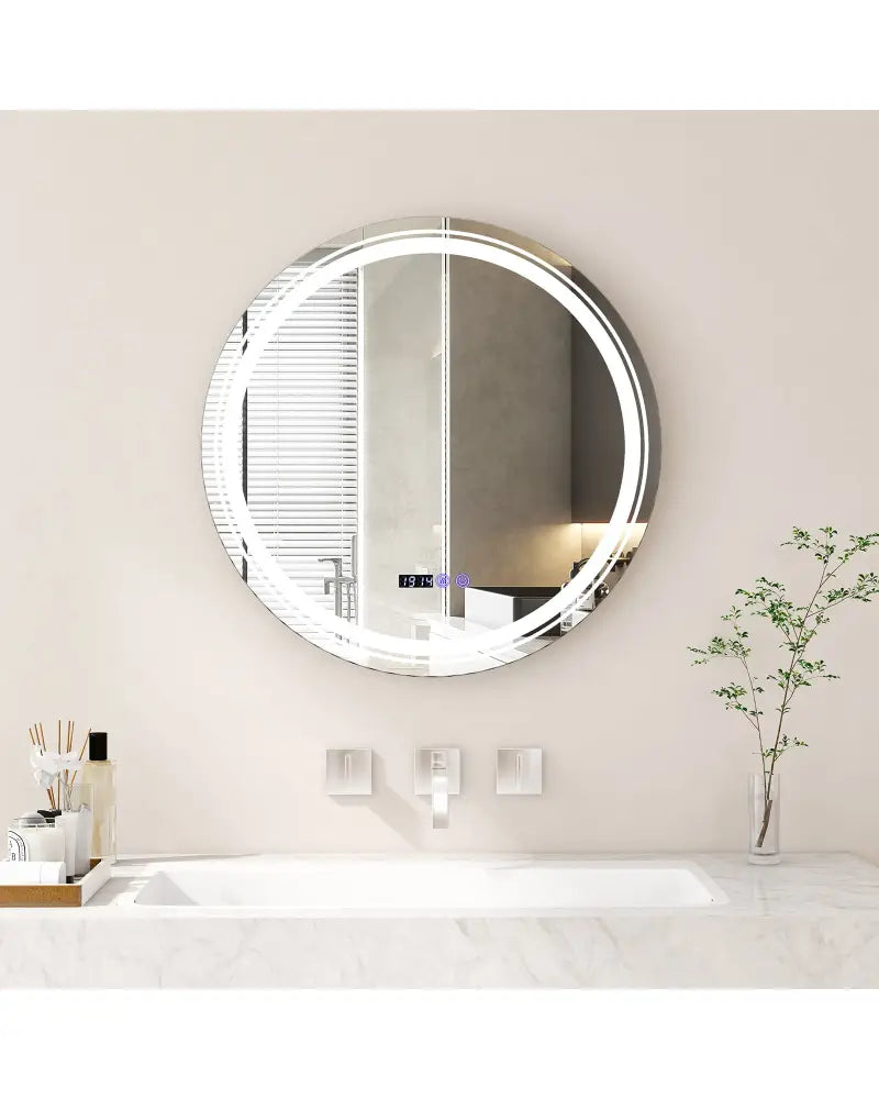 Anti-Fog Round Led Bathroom Mirror with 3 Color LED Lights-M - White - Wall Mirrors