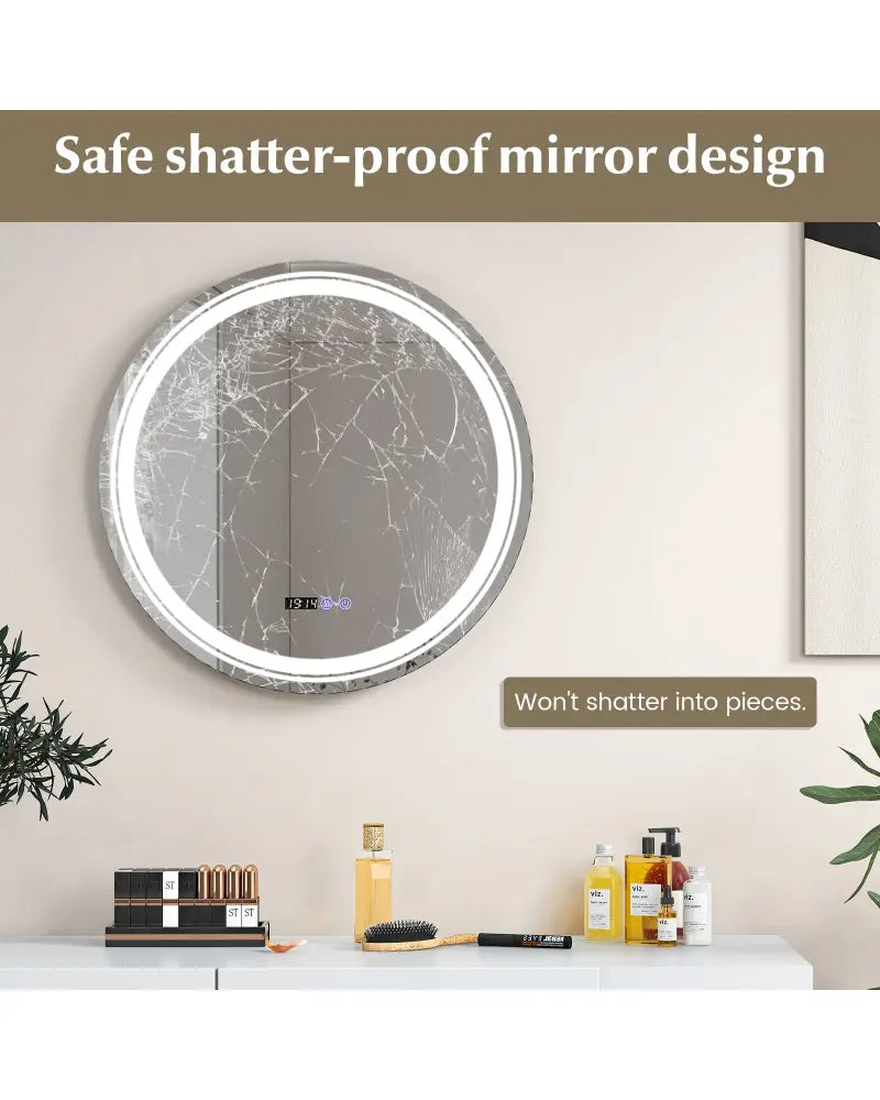 Anti-Fog Round Led Bathroom Mirror with 3 Color LED Lights-M - White - Wall Mirrors