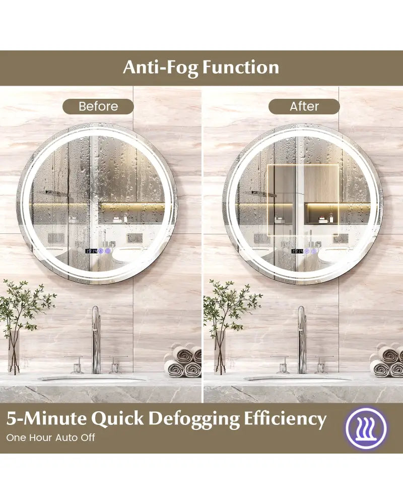 Anti-Fog Round Led Bathroom Mirror with 3 Color LED Lights-M - White - Wall Mirrors