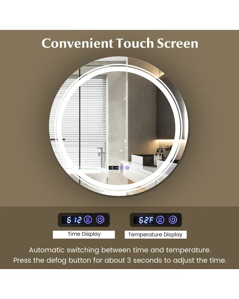 Anti-Fog Round Led Bathroom Mirror with 3 Color LED Lights-M - White - Wall Mirrors