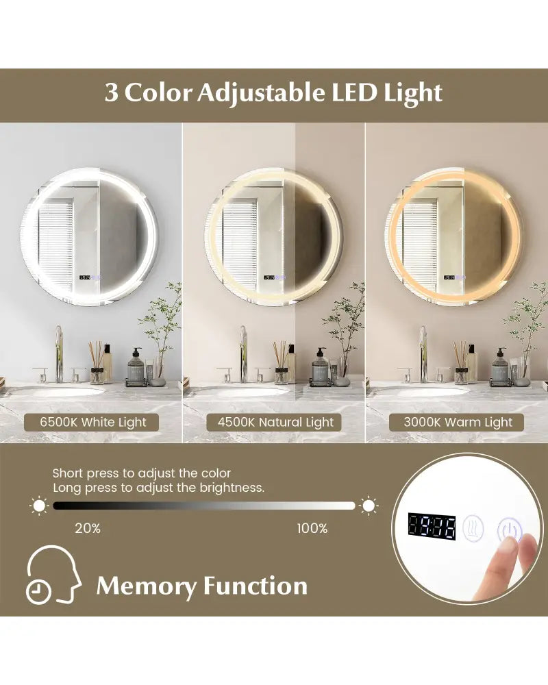 Anti-Fog Round Led Bathroom Mirror with 3 Color LED Lights-M - White - Wall Mirrors