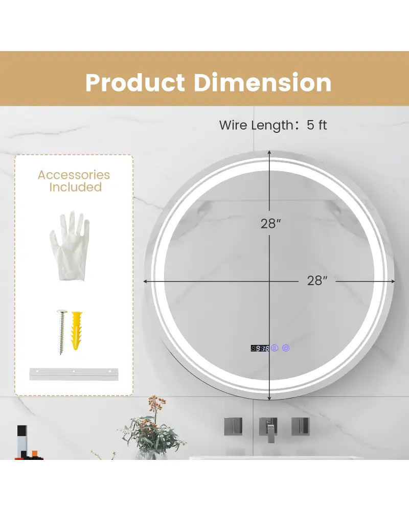 Anti-Fog Round Led Bathroom Mirror with 3 Color LED Lights-M - White - Wall Mirrors