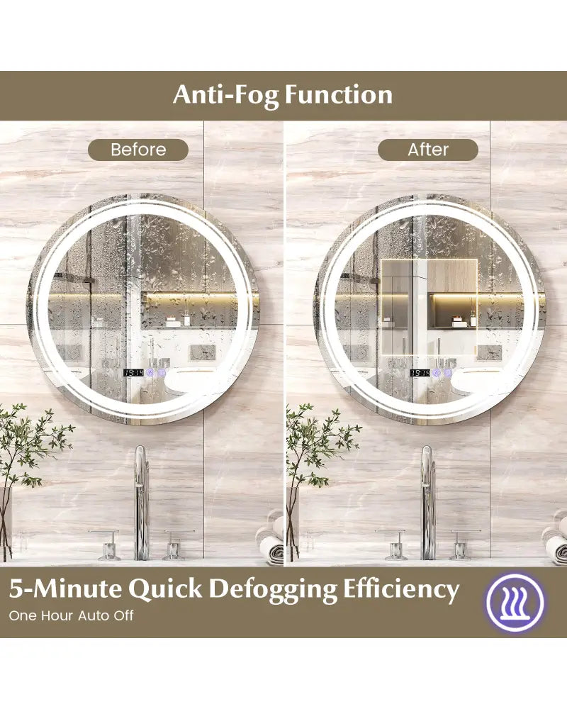 Anti-Fog Round Led Bathroom Mirror with 3 Color LED Lights-S - White - Wall Mirrors