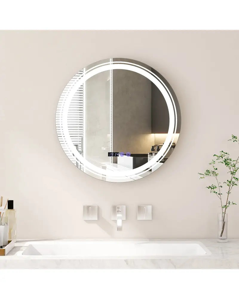 Anti-Fog Round Led Bathroom Mirror with 3 Color LED Lights-S - White - Wall Mirrors