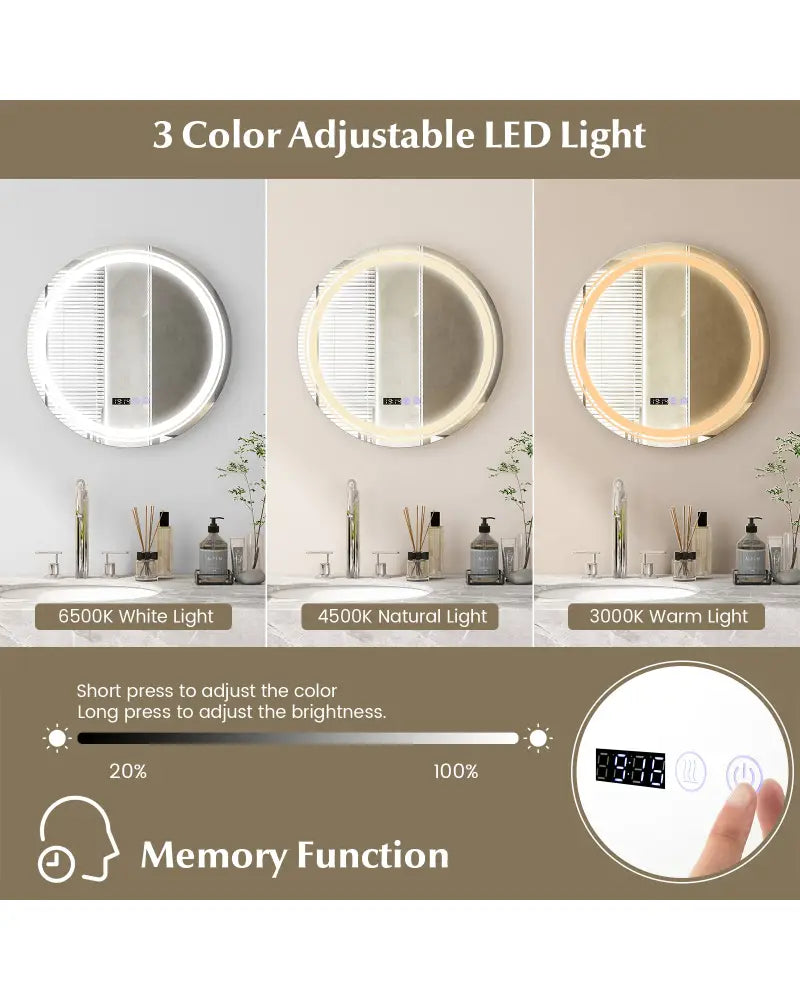 Anti-Fog Round Led Bathroom Mirror with 3 Color LED Lights-S - White - Wall Mirrors