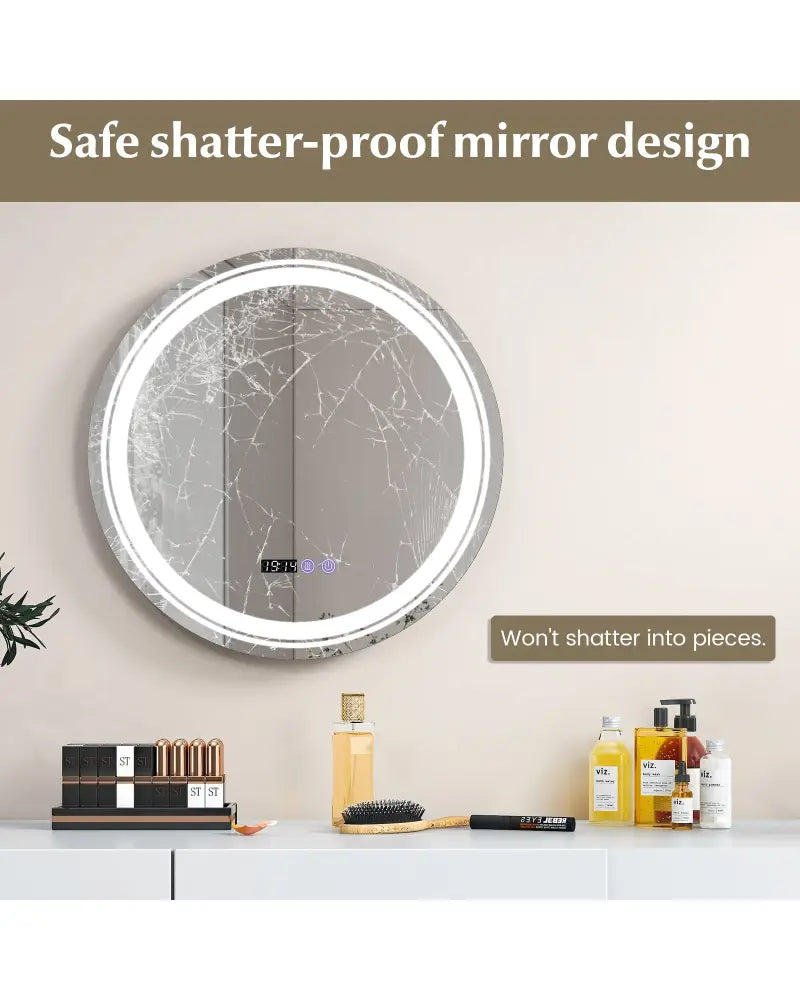 Anti-Fog Round Led Bathroom Mirror with 3 Color LED Lights-S - White - Wall Mirrors