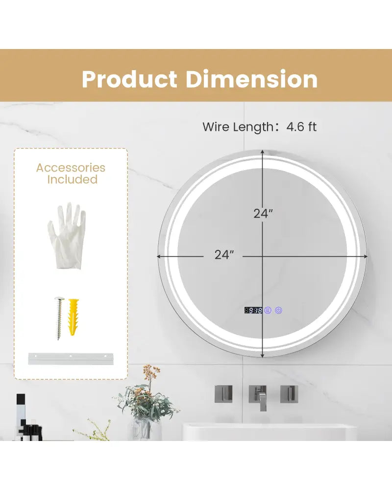 Anti-Fog Round Led Bathroom Mirror with 3 Color LED Lights-S - White - Wall Mirrors