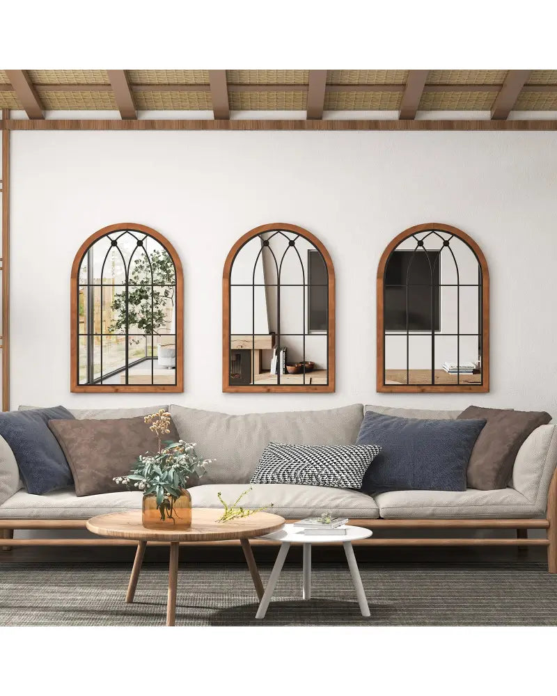 Arched Window Finished Mirror with Back Board-Natural - Natural - Wall Mirrors