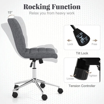 Armless Office Chair Upholstered Makeup Vanity Chair with Adjustable Height and Wheels-Grey - Gray - Armless Chairs