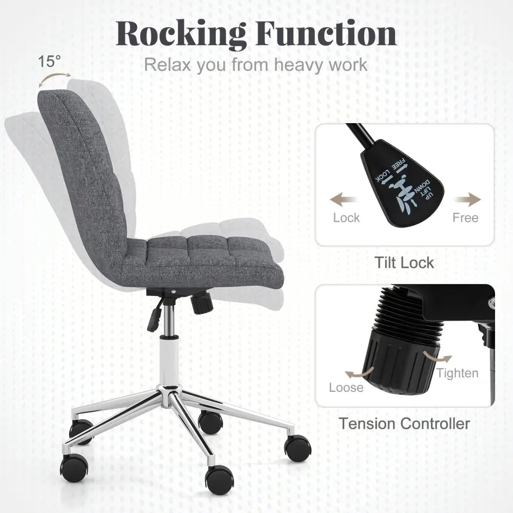 Armless Office Chair Upholstered Makeup Vanity Chair with Adjustable Height and Wheels-Grey - Gray - Armless Chairs