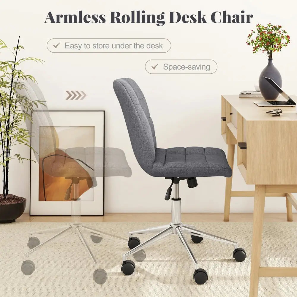 Armless Office Chair Upholstered Makeup Vanity Chair with Adjustable Height and Wheels-Grey - Gray - Armless Chairs