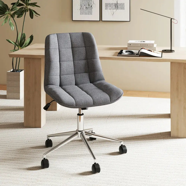 Armless Office Chair Upholstered Makeup Vanity Chair with Adjustable Height and Wheels-Grey - Gray - Armless Chairs