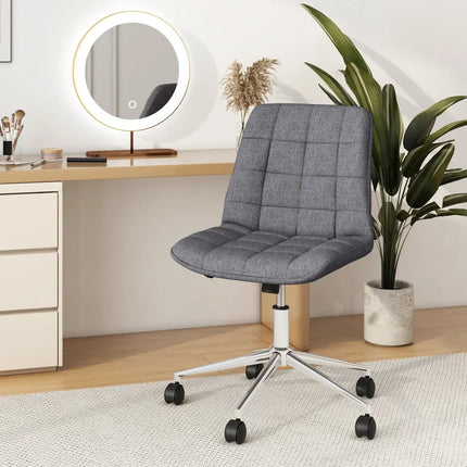 Armless Office Chair Upholstered Makeup Vanity Chair with Adjustable Height and Wheels-Grey - Gray - Armless Chairs