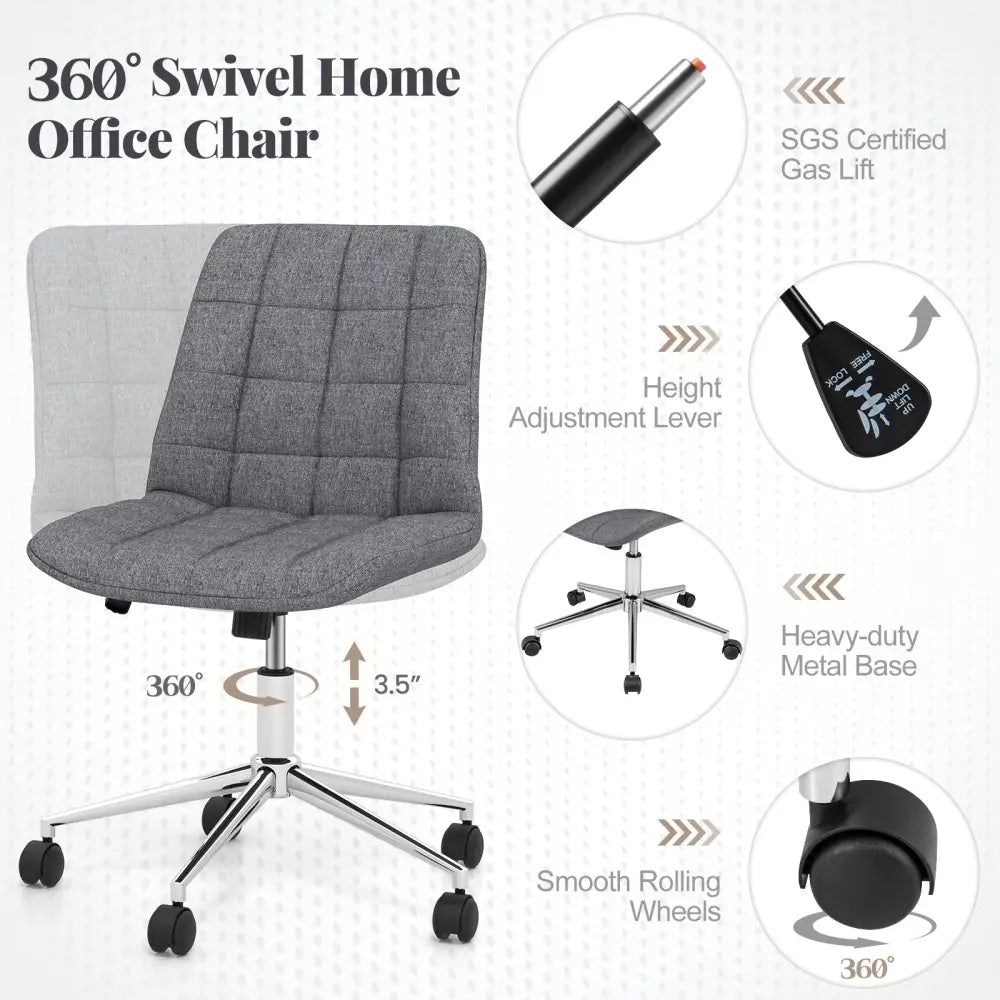 Armless Office Chair Upholstered Makeup Vanity Chair with Adjustable Height and Wheels-Grey - Gray - Armless Chairs