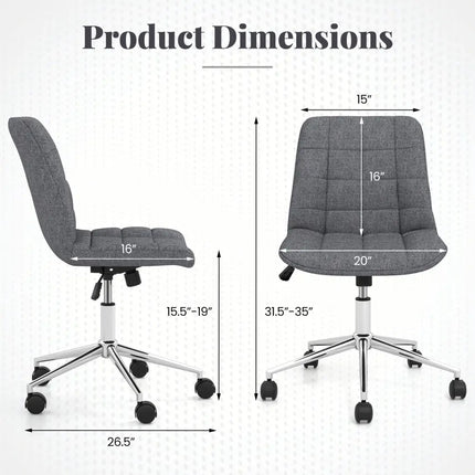 Armless Office Chair Upholstered Makeup Vanity Chair with Adjustable Height and Wheels-Grey - Gray - Armless Chairs