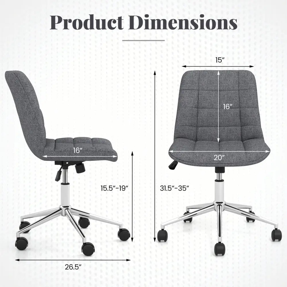 Armless Office Chair Upholstered Makeup Vanity Chair with Adjustable Height and Wheels-Grey - Gray - Armless Chairs