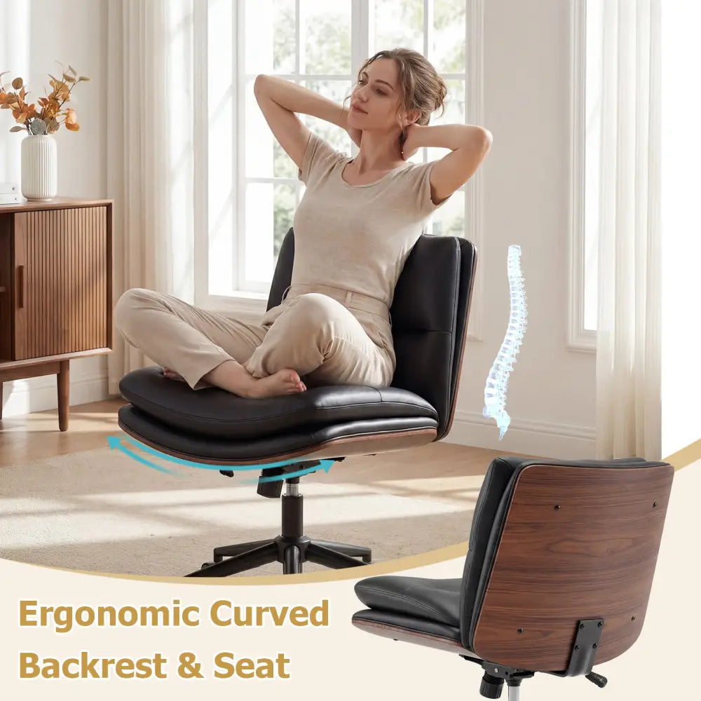 Armless Office Chair with Curved Backrest and Padded Seat-Black - Black - Armless Chairs