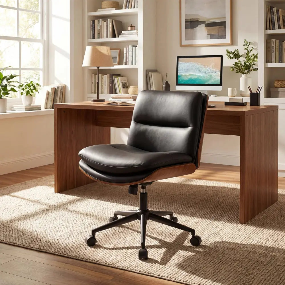 Armless Office Chair with Curved Backrest and Padded Seat-Black - Black - Armless Chairs
