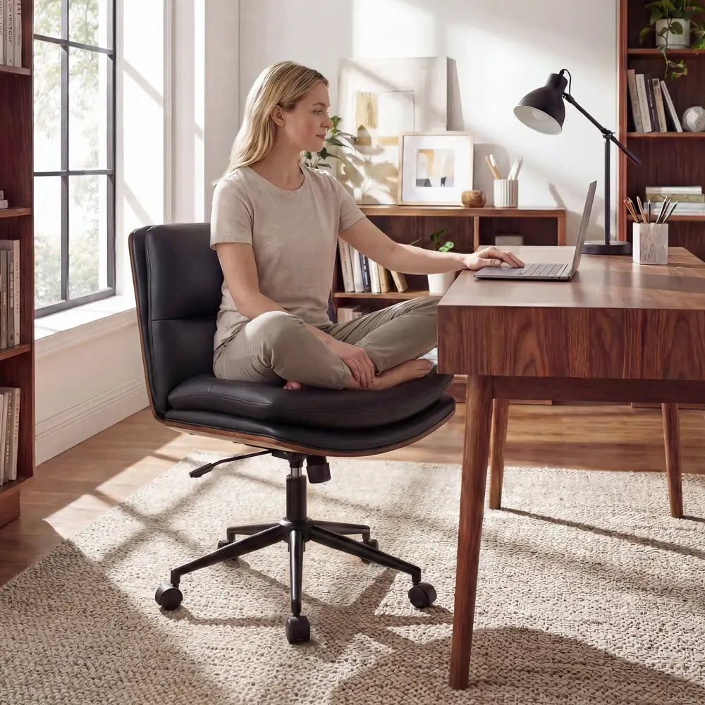 Armless Office Chair with Curved Backrest and Padded Seat-Black - Black - Armless Chairs