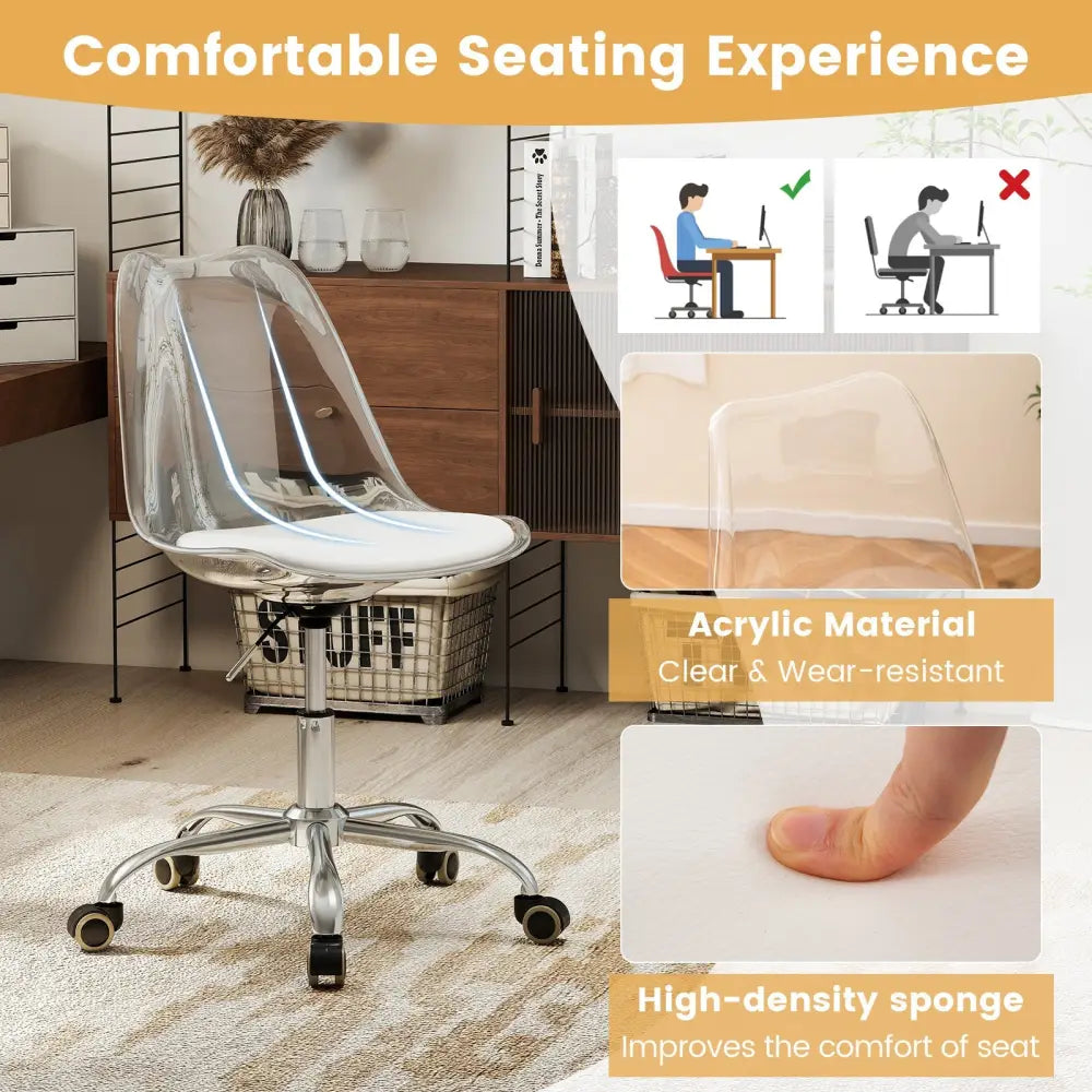 Armless Rolling Office Chair with Swivel Seat and PU Leather Cushion-Clear - White - Armless Chairs