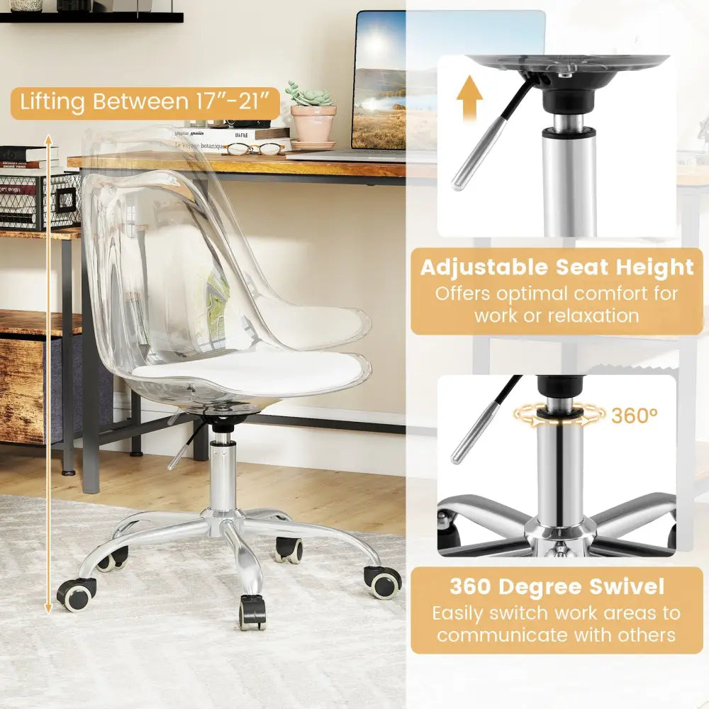 Armless Rolling Office Chair with Swivel Seat and PU Leather Cushion-Clear - White - Armless Chairs