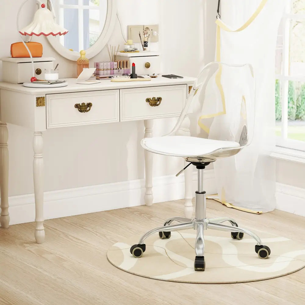 Armless Rolling Office Chair with Swivel Seat and PU Leather Cushion-Clear - White - Armless Chairs