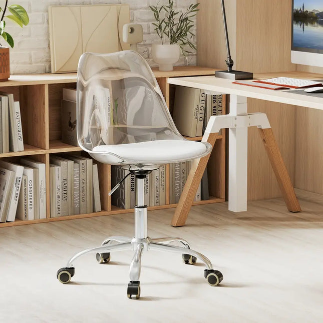 Armless Rolling Office Chair with Swivel Seat and PU Leather Cushion-Clear - White - Armless Chairs