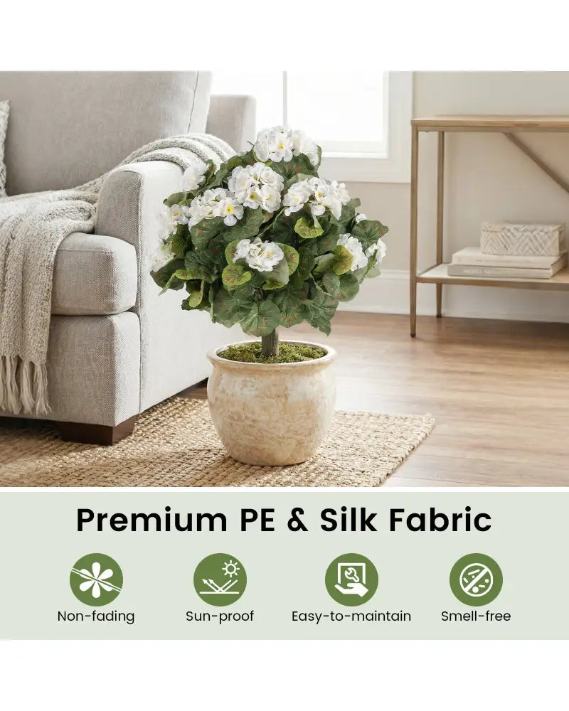 Artificial Begonia Ball Trees Set of 2 13 inch Fake Evergreen Shrubs with Ground Spikes-White - White - Faux Plants