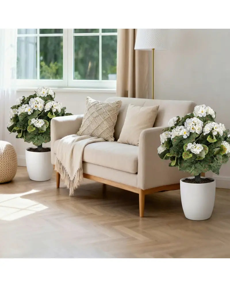 Artificial Begonia Ball Trees Set of 2 13 inch Fake Evergreen Shrubs with Ground Spikes-White - White - Faux Plants