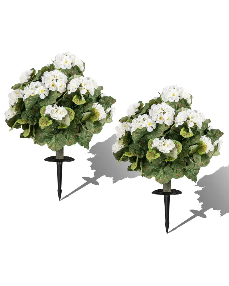 Artificial Begonia Ball Trees Set of 2 13 inch Fake Evergreen Shrubs with Ground Spikes-White - White - Faux Plants