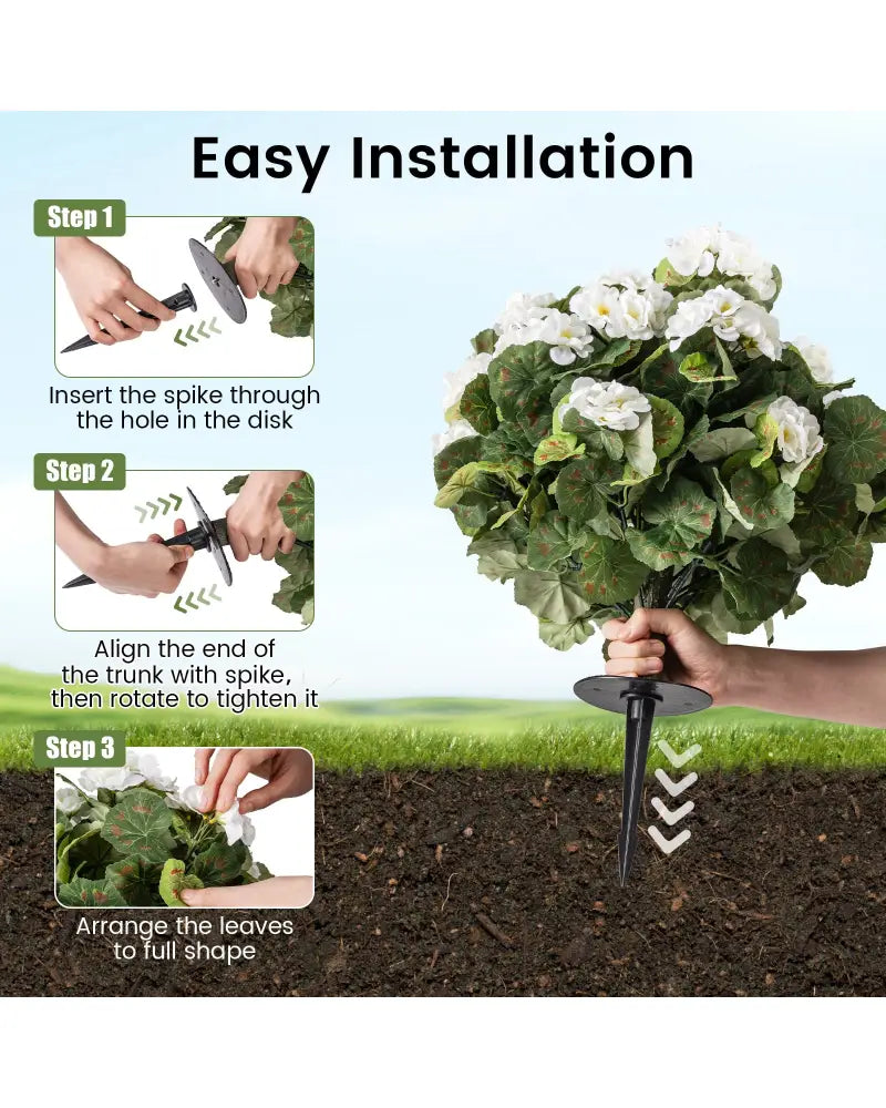 Artificial Begonia Ball Trees Set of 2 13 inch Fake Evergreen Shrubs with Ground Spikes-White - White - Faux Plants