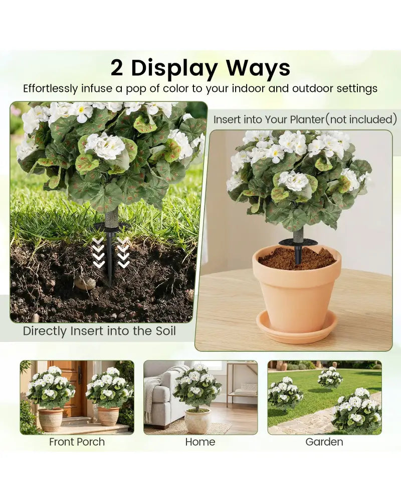 Artificial Begonia Ball Trees Set of 2 13 inch Fake Evergreen Shrubs with Ground Spikes-White - White - Faux Plants