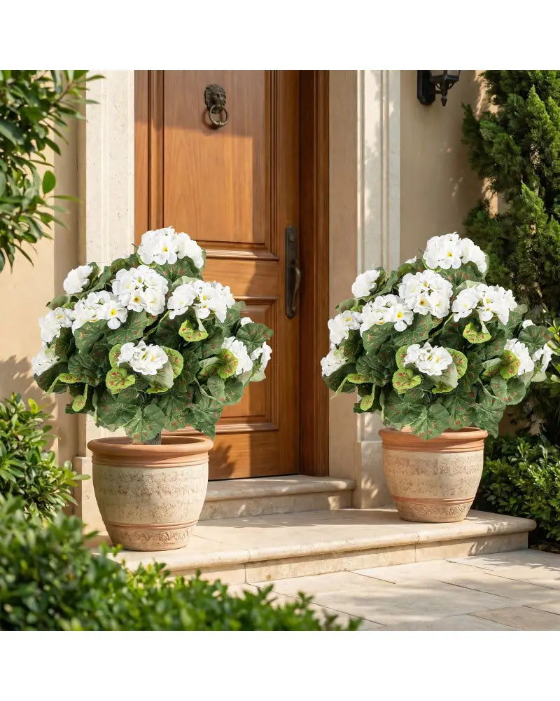 Artificial Begonia Ball Trees Set of 2 13 inch Fake Evergreen Shrubs with Ground Spikes-White - White - Faux Plants